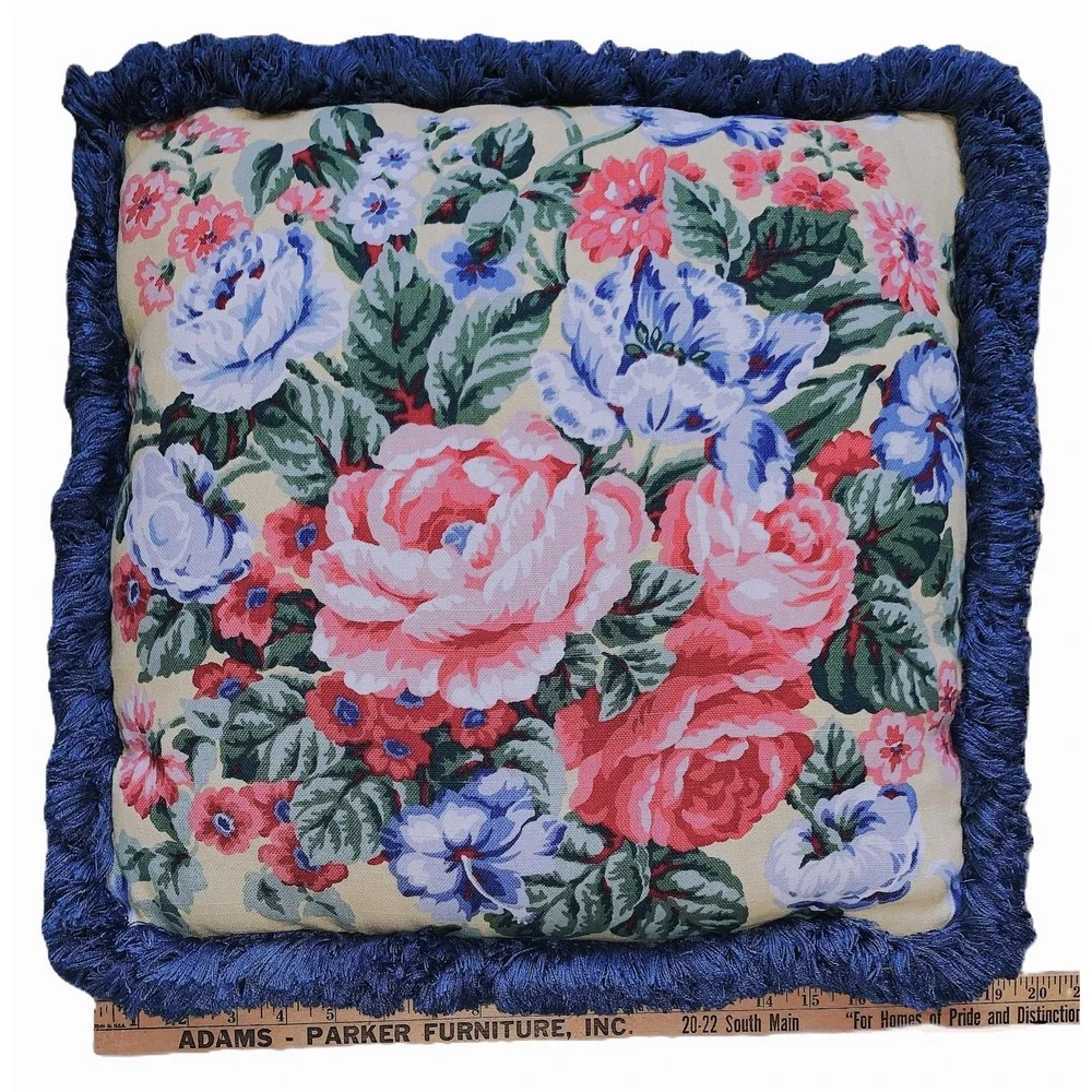 2 Vtg Waverly Design Floral Upholstery Wt Cotton Pillows Thick Looped Fringe 19
